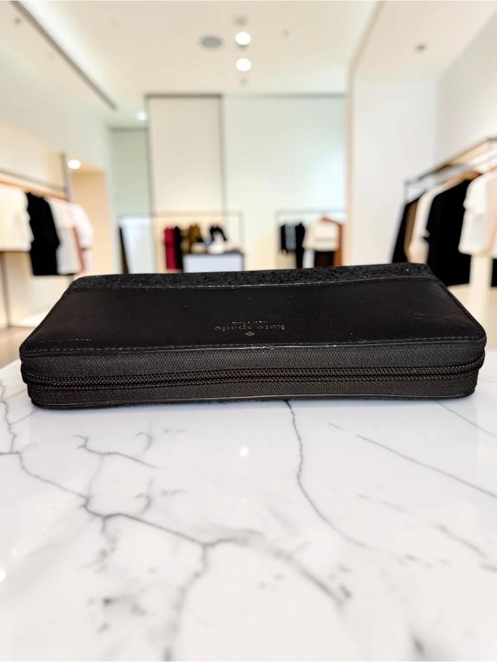kate spade Black Glitter-Trim Zip Around Wallet